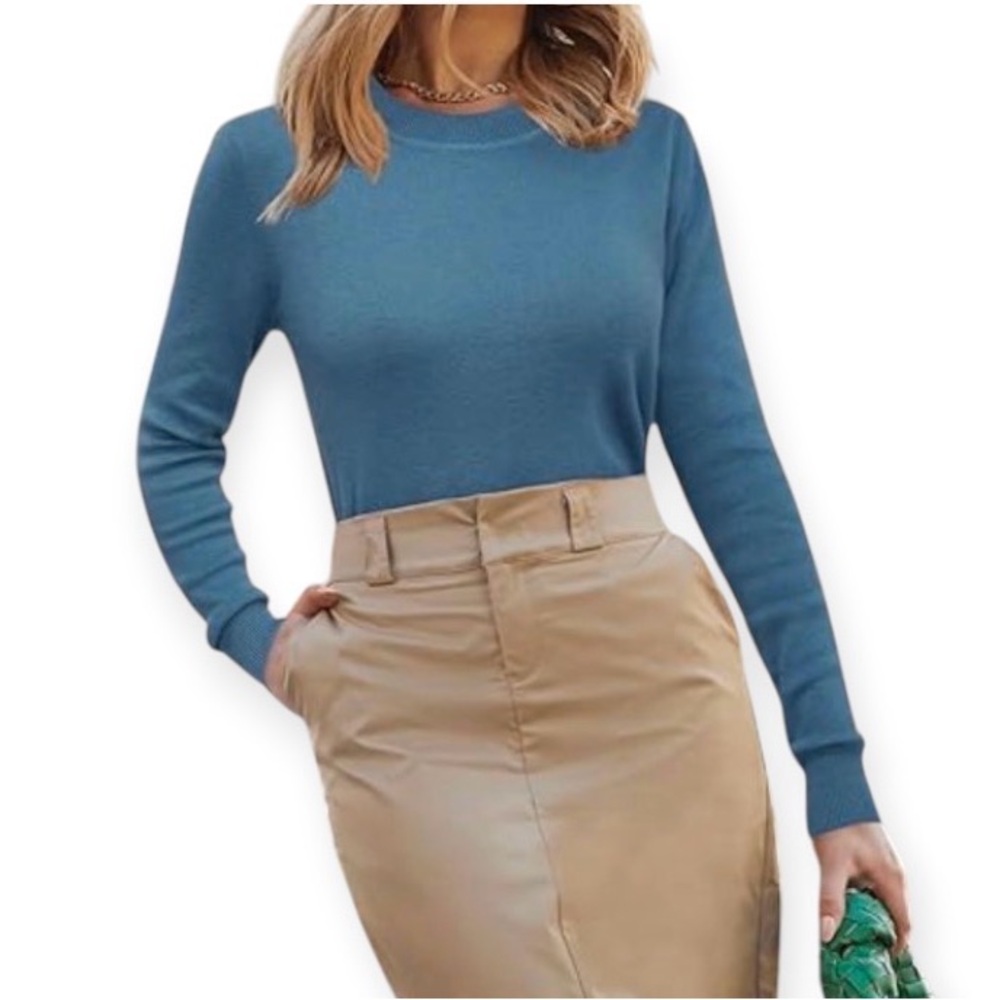 Arach & Cloz Blue Womens Wool Blend Crew Neck Long Sleeve Sweater Sz S